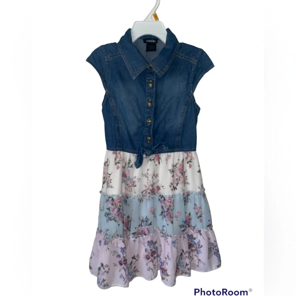Zunie Girl's Denim Chiffon Tiered Floral Print Dress